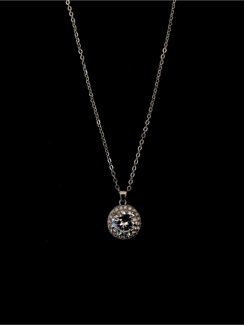 Silver-Tone Pavé Halo Solitaire Pendant Necklace with Clear Crystal